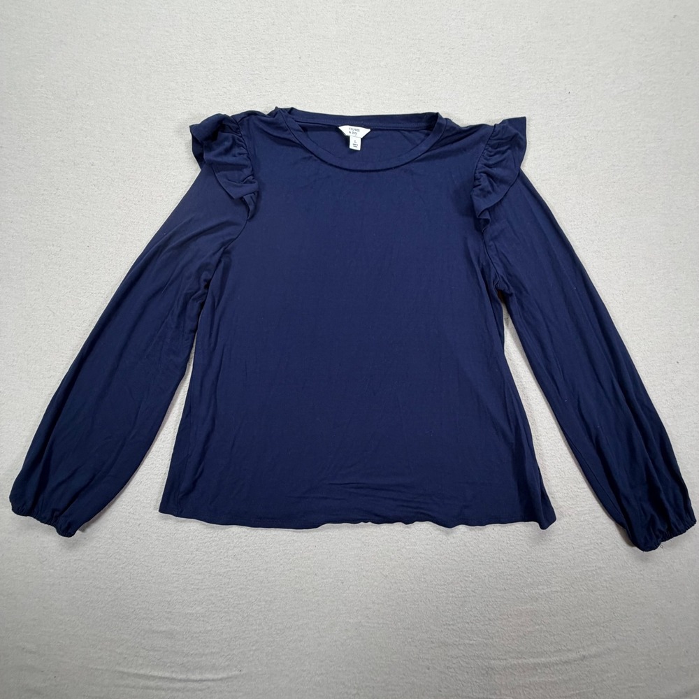 Crown‎ & Ivy Top Womens Large Good Navy Blue Ruffle Shoulder Long Sleeve Viscose